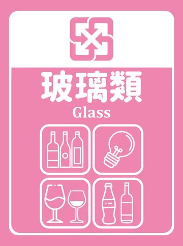 玻璃類垃圾分類貼紙（粉紅色底），可貼在玻璃類的桶身或牆面