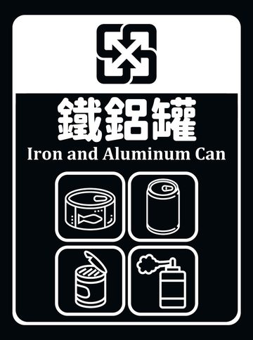 鐵鋁罐垃圾分類貼紙（黑色底），可貼在鐵鋁罐的桶身或牆面