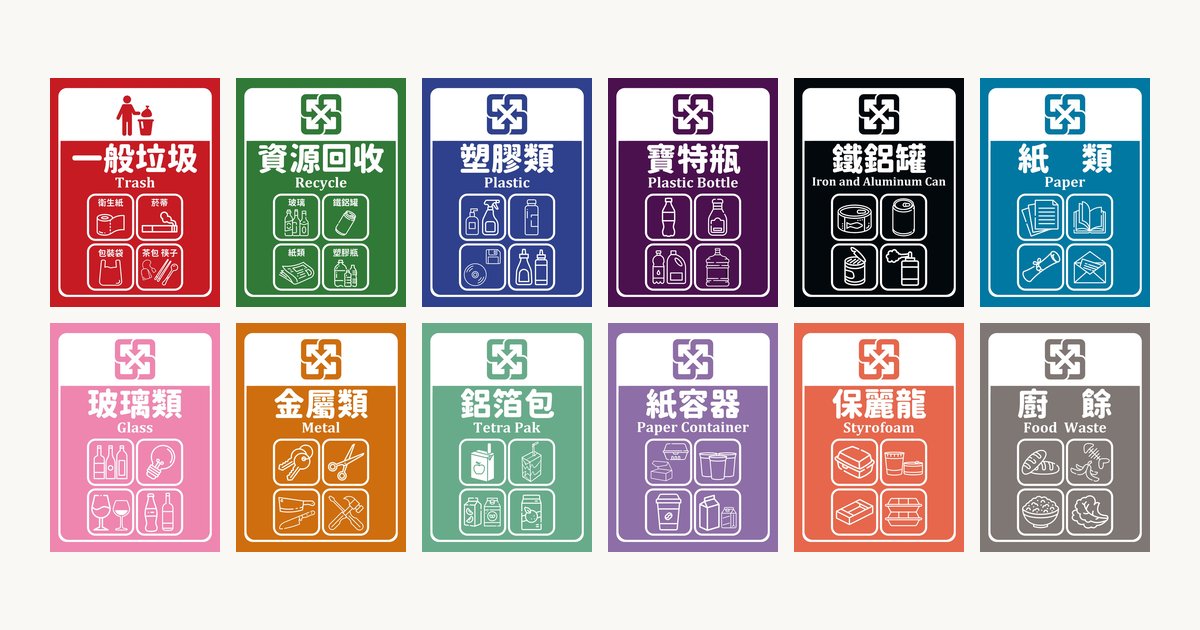 垃圾分類貼紙情境首圖：一般垃圾、資源回收、塑膠類、寶特瓶等多款垃圾分類貼紙並排