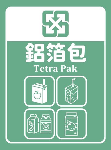 鋁箔包垃圾分類貼紙（淺綠色底），可貼在鋁箔包的桶身或牆面