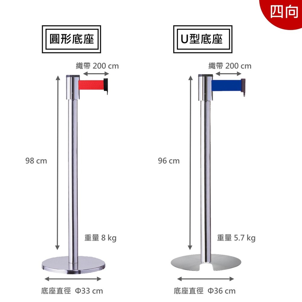 RS-11 四向紅龍柱尺寸:圓形底座高 98 公分、U 型底座高 96 公分、織帶長 200 公分