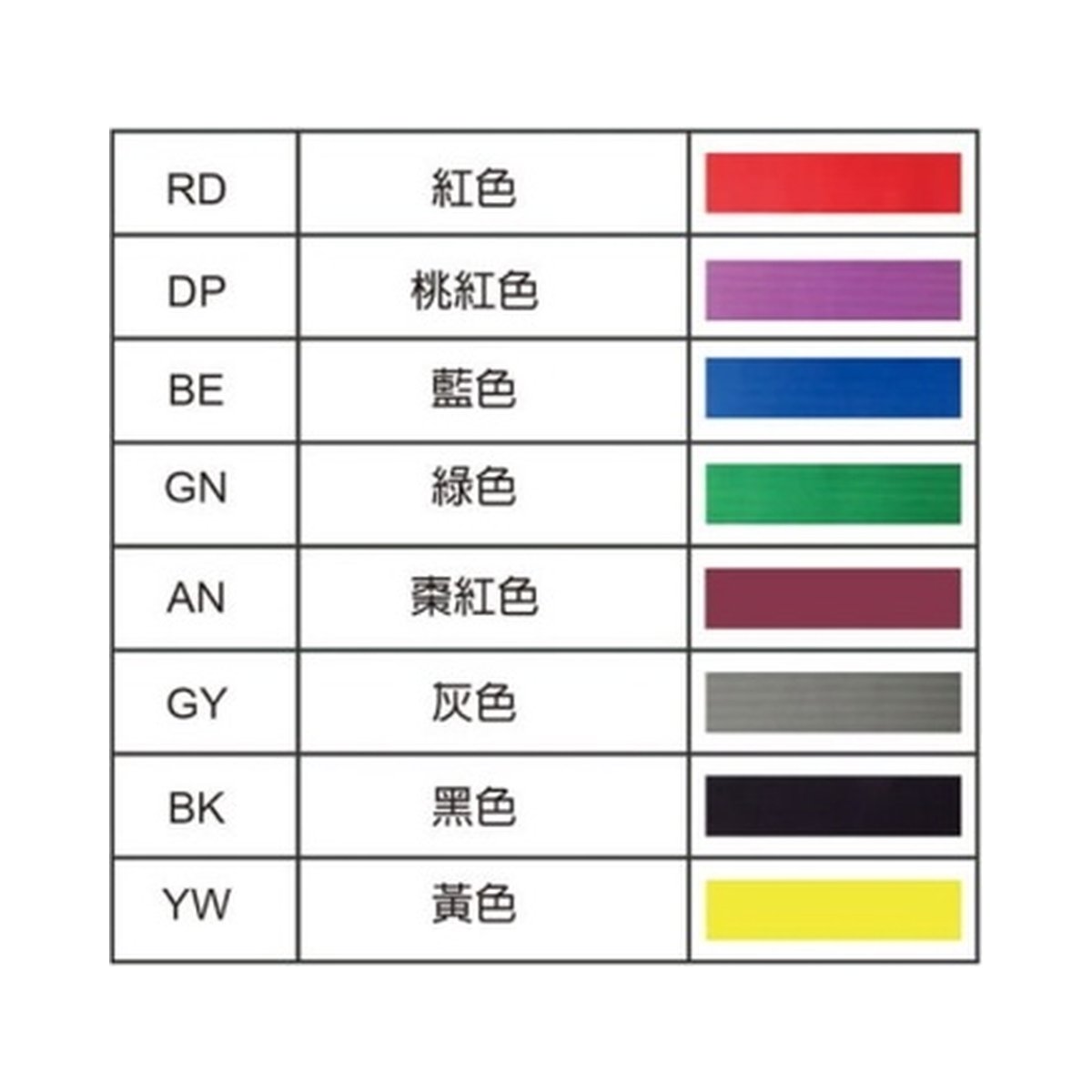 RS-A2 紅龍柱 8 種織帶顏色色卡:紅、桃紅、藍、綠、棗紅、灰、黑、黃