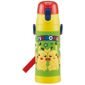 寶可夢 彈蓋式不鏽鋼保冷水壺附背帶 480ml (綠黃坐姿)