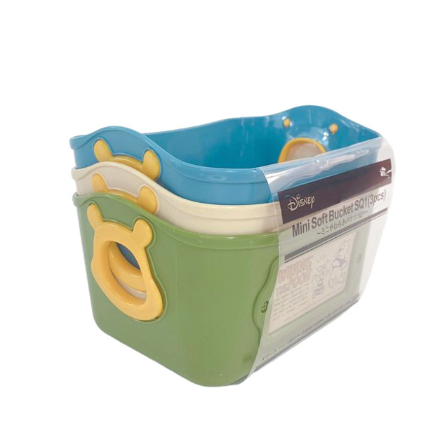 迪士尼 小熊維尼 軟式收納籃3入組 500ml (藍綠米)