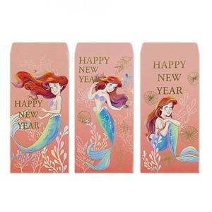 迪士尼 小美人魚 中式彩色燙金直式紅包袋3入組 (動作款)