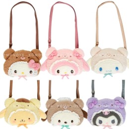 三麗鷗 絨毛造型大臉斜背包 (熊熊遇見你) Kitty 美樂蒂 布丁狗