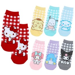 三麗鷗 成人棉質短襪 22-24cm (格紋坐姿款) Kitty 酷洛米 大耳狗