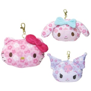 Sanrio 三麗鷗 絨毛大臉伸縮票卡零錢包吊飾 (櫻花款) Kitty 美樂蒂 酷洛米