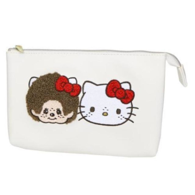 Sanrio 三麗鷗 Hello Kitty x Monchhichi 皮質刺繡拉鍊化妝包 (大臉款)