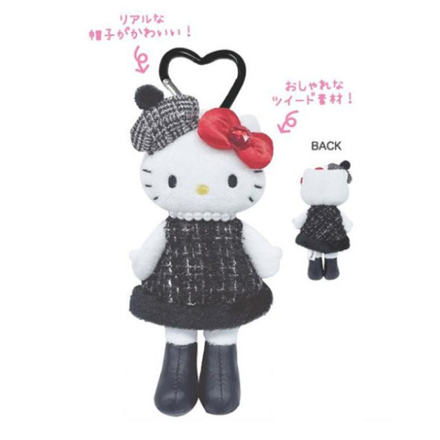 【10/14預購結單】▲特價 Sanrio 三麗鷗 Hello Kitty 愛心扣環絨毛長腿玩偶吊飾 (黑毛呢洋裝)
