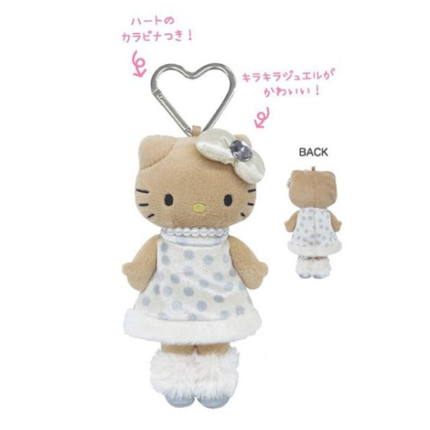 【10/14預購結單】▲特價 Sanrio 三麗鷗 Hello Kitty 愛心扣環絨毛長腿玩偶吊飾 (白圓點洋裝)