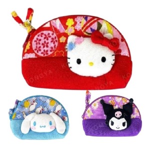 Sanrio 三麗鷗 絨毛大臉半圓化妝包 S (和風款) Kitty 酷洛米 大耳狗