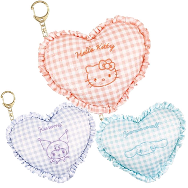 Sanrio 三麗鷗 愛心造型小物收納包吊飾 (格紋款) Kitty 酷洛米 大耳狗
