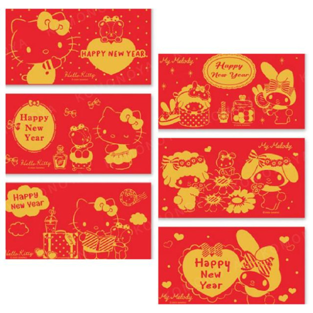 Sanrio 三麗鷗 橫式燙金紅包袋3入組 (動作款) Kitty 美樂蒂