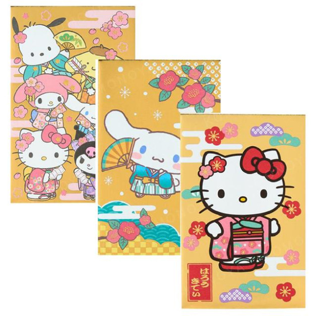 Sanrio 三麗鷗 迷你直式紅包袋3入組 (金和服款) Kitty 大耳狗