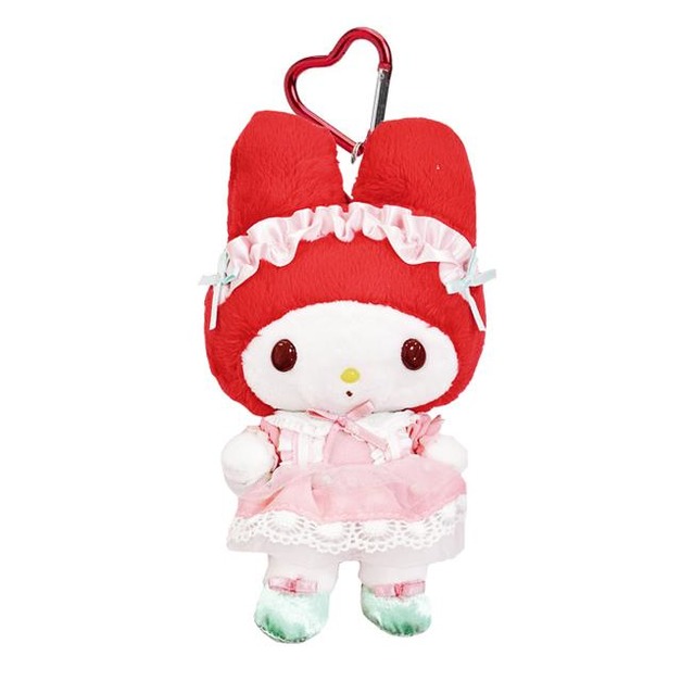 ▲特價【限購】Sanrio 三麗鷗 美樂蒂 愛心扣環絨毛玩偶吊飾 (50週年 紅綠荷葉邊)