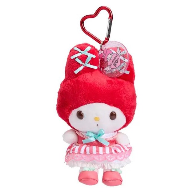 ▲特價【限購】Sanrio 三麗鷗 美樂蒂 愛心扣環絨毛玩偶吊飾 (50週年 紅綠緞帶)