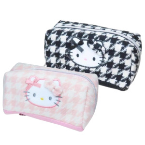 Sanrio 三麗鷗 Hello Kitty 刺繡大臉長型化妝包 (千鳥格)