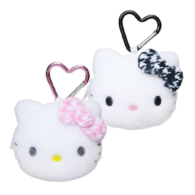 Sanrio 三麗鷗 Hello Kitty 絨毛大頭收納包附扣環 (千鳥格)