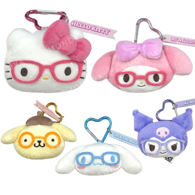 Sanrio 三麗鷗 絨毛大臉玩偶附扣環 (眼鏡款) Kitty 美樂蒂 酷洛米 大耳狗