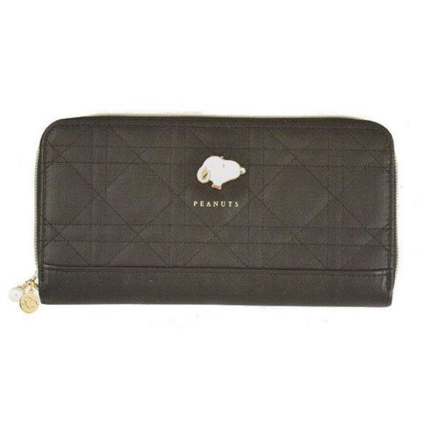 史努比 皮質菱格紋拉鍊長夾 (黑大頭款)