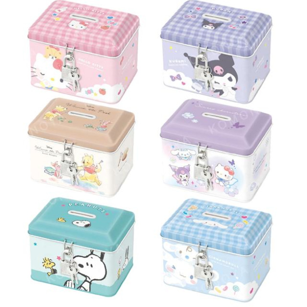 Sanrio 三麗鷗 史努比 迪士尼 迷你鐵製存錢筒附鎖頭 (格紋款) Kitty 大耳狗