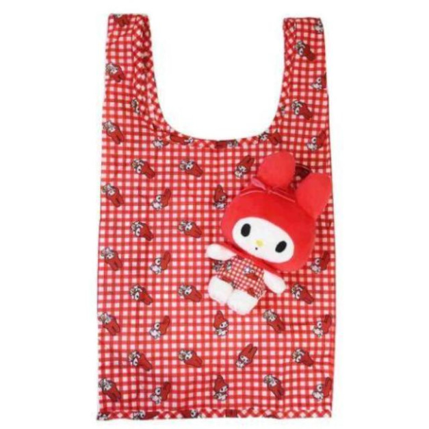 Sanrio 三麗鷗 美樂蒂 環保購物袋附造型收納包 (紅緞帶格紋款)