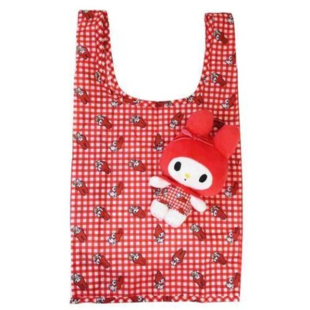 Sanrio 三麗鷗 美樂蒂 環保購物袋附造型收納包 (紅緞帶格紋款)