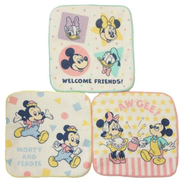 迪士尼 米奇 米妮 純棉方巾3入組 16x16cm (米家庭款)