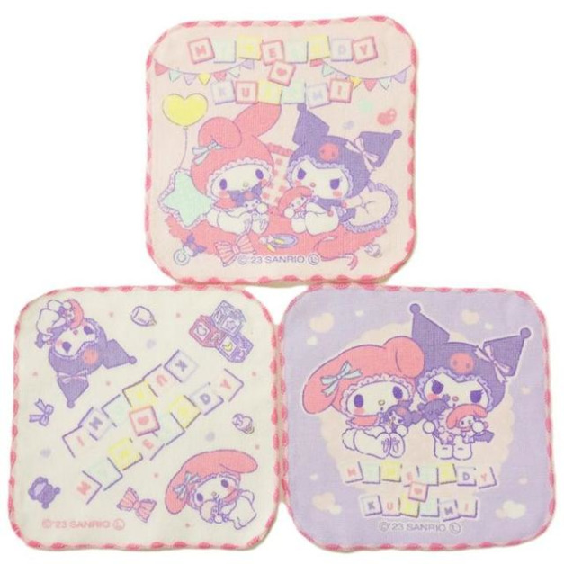 Sanrio 三麗鷗 美樂蒂 酷洛米 純棉方巾3入組 16x16cm (睡衣派對)