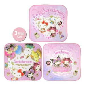 Sanrio 三麗鷗大集合 純棉方巾3入組 16x16cm (粉蝴蝶結款)
