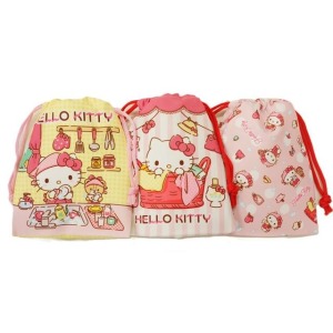 Sanrio 三麗鷗 Hello Kitty 尼龍束口袋3入組 (粉黃廚房款)