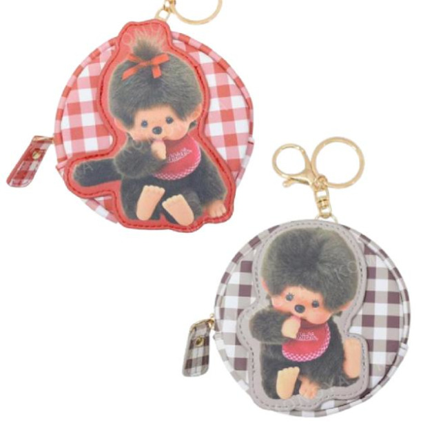 Monchhichi 夢奇奇 皮質圓形零錢包吊飾 (格紋款)