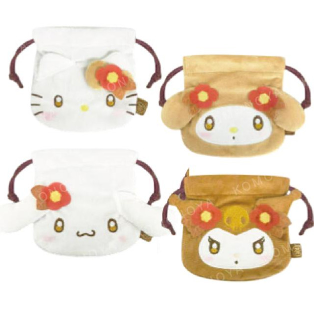Sanrio 三麗鷗 絨毛造型束口袋 (焙茶系列) Kitty 美樂蒂 大耳狗 酷洛米