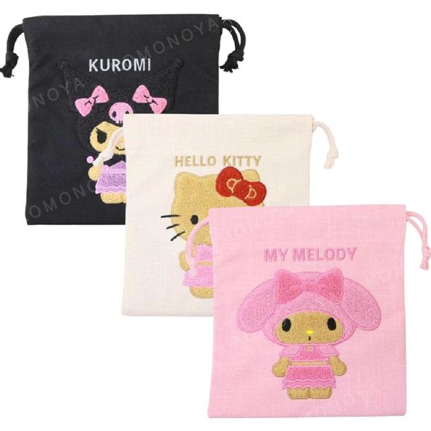 Sanrio 三麗鷗 尼龍刺繡束口袋 (曬黑款) Kitty 美樂蒂 酷洛米