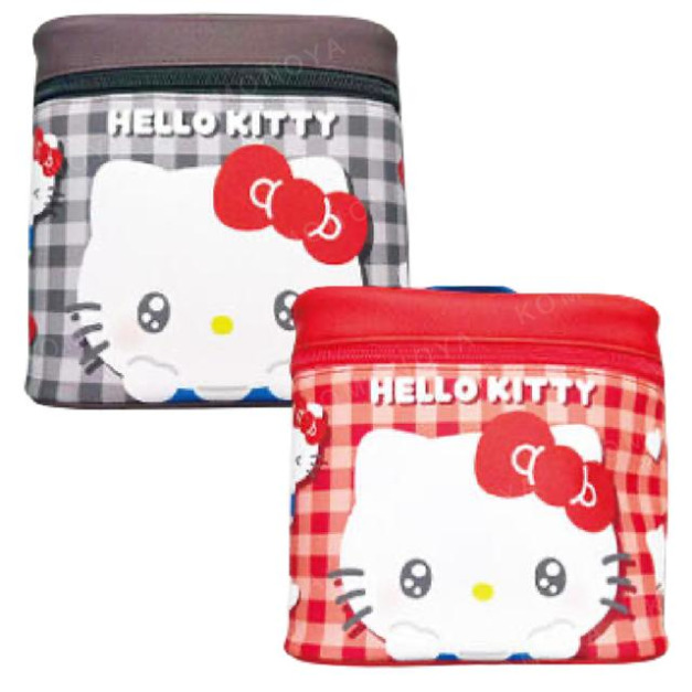 Sanrio 三麗鷗 Hello Kitty 皮質手提化妝包附鏡 (格紋表情款)