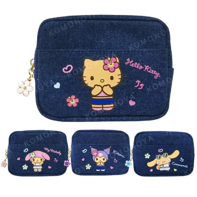 Sanrio 三麗鷗 牛仔布拉鍊化妝包 (曬黑扶桑花款) Kitty 美樂蒂 酷洛米 大耳狗
