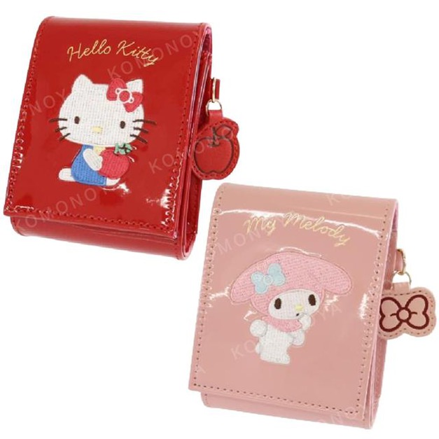 Sanrio 三麗鷗 漆皮方形化妝包附鏡 (紅/粉款) Kitty 美樂蒂