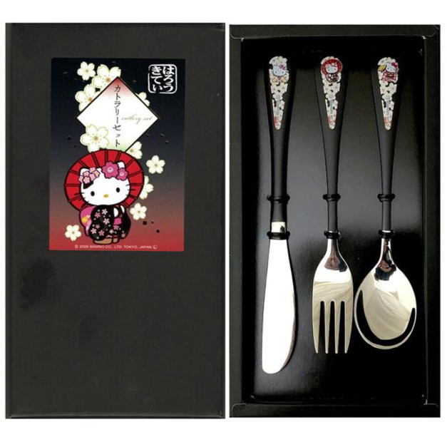 Sanrio 三麗鷗 Hello Kitty 不鏽鋼餐具3入組 (黑 和服款)
