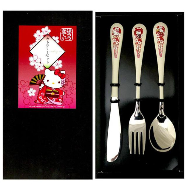 Sanrio 三麗鷗 Hello Kitty 不鏽鋼餐具3入組 (紅 和服款)