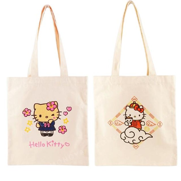 Sanrio 三麗鷗 Hello Kitty 棉質直式肩背袋 (曬黑/中華風格款)