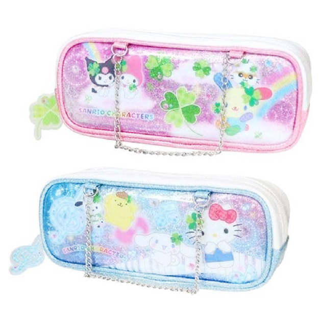 Sanrio 三麗鷗 大集合 PVC方形拉鍊筆袋附鍊 (幸運草款)