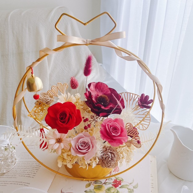 【開幕花籃】紅金永生花金屬提籃花禮