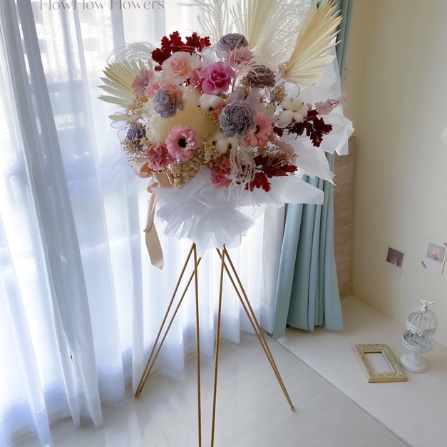 【高架花籃】夢幻粉紫白蘆葦永生花