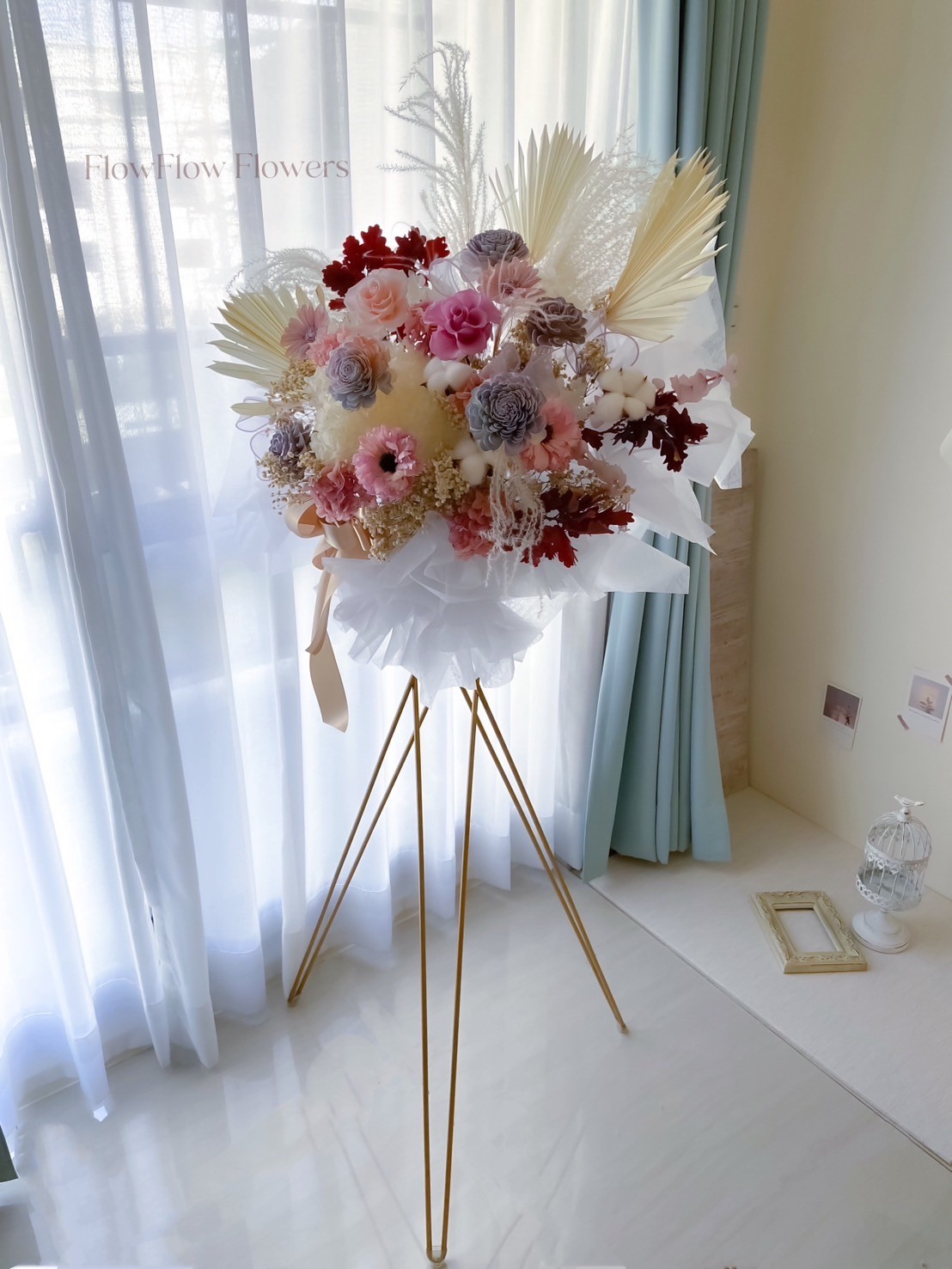【高架花籃】夢幻粉紫白蘆葦永生花