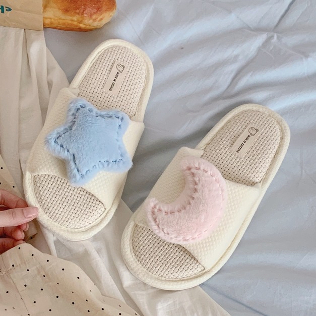 星星月亮棉麻居家拖鞋｜防滑吸汗四季通用 韓系質感室內拖 女款