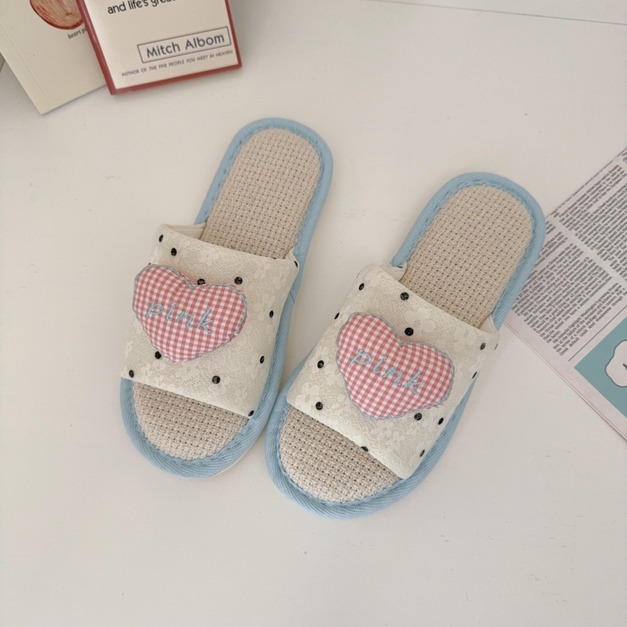 波點愛心棉麻居家拖鞋｜透氣防滑軟底四季可穿 女款室內外兩用涼拖