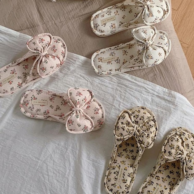 碎花蝴蝶結棉麻居家拖鞋｜防滑透氣四季可穿 韓系少女風室內拖