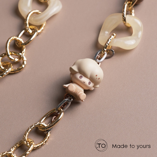 真皮手機掛繩｜坐姿DLMOO ｜泡泡瑪特 正版萌粒 POP BEAN 手作手機鏈條掛繩背帶