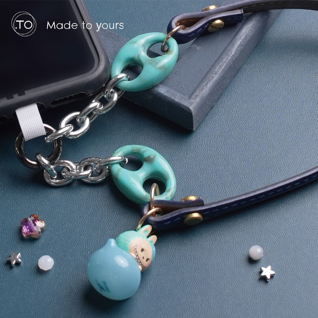 真皮手機掛繩｜LABUBU得閒飲茶｜泡泡瑪特 正版萌粒 POP BEAN 手作手機鏈條掛繩背帶